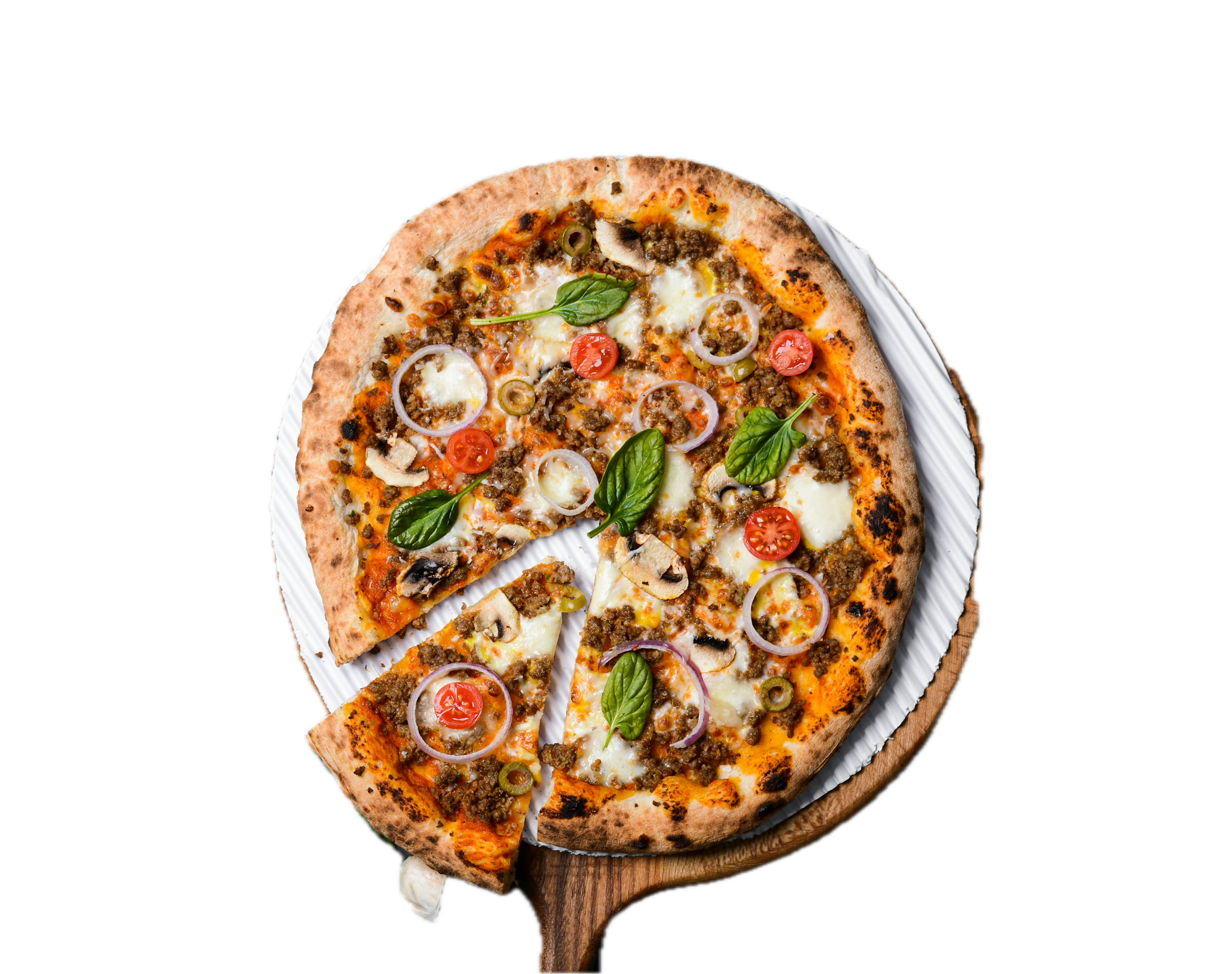 Stone-fired pizza with melted cheese and toppings